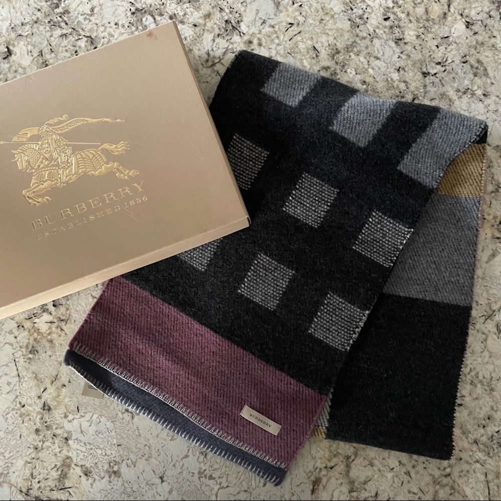 Burberry Black Gray and Plum Check Wool Scarf